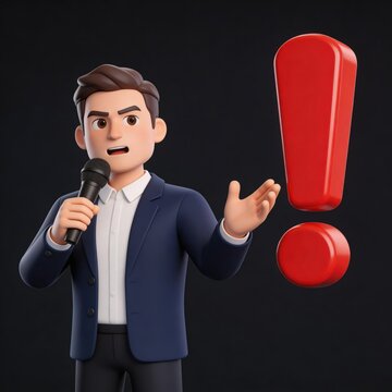 3d cartoon man speaking with microphone and exclamation mark