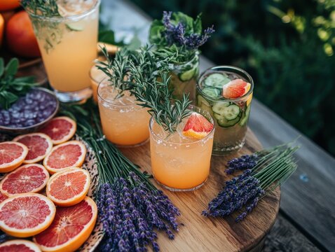 Garden cocktail styling featuring a whimsical garnish board with fresh herbs, edible flowers, and citrus accents highlighting creative outdoor entertaining