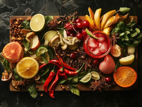Bold drink styling with chili peppers and star anise arranged as a creative cocktail garnish display