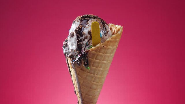 Ice cream in a waffle cone slowly rotates against a bright colored background