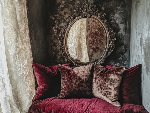 Ornate vintage room detail showcasing a gilded baroque mirror paired with a velvet accent cushion highlighting timeless luxury decor