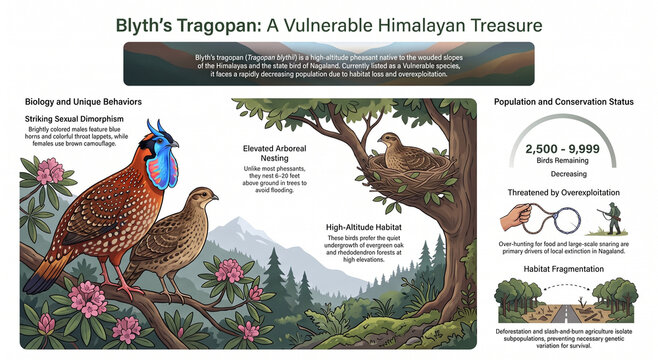 Educational infographic exploring Blyth's tragopan, its taxonomy, habitat, behavior, distribution and conservation status in Asia.