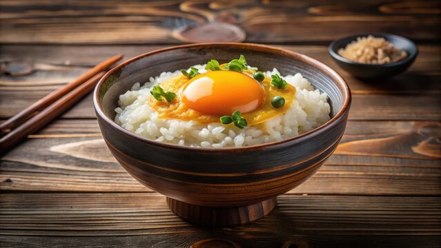 Delicious japanese tamago kake gohan rice bowl with egg yolk served on dark wooden table