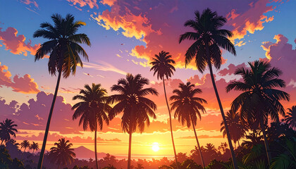 Colorful Tropical Sunset Silhouette