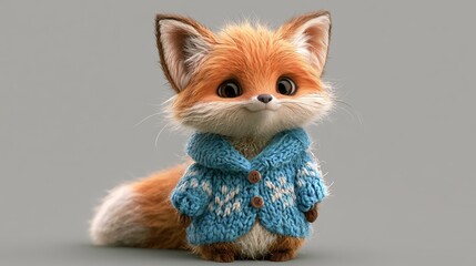 Fototapeta premium Small, charming fox wears a blue sweater.