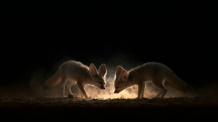 Fototapeta premium Small desert foxes hunt at night.