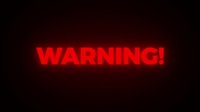 Bold red warning typography emerging from darkness with flickering light effects for cinematic digital motion graphics.