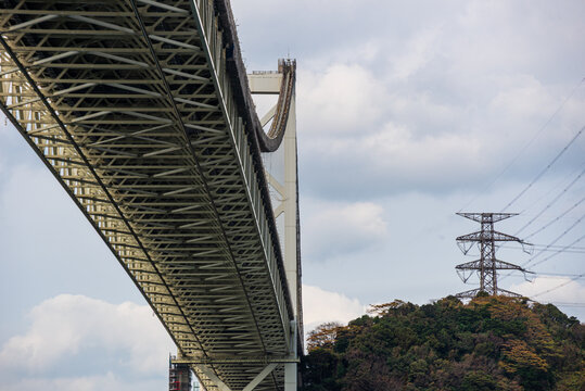 Underside view of Kanmon Bridge from Mekari Park showing structure and surroundings in Kitakyushu Japan