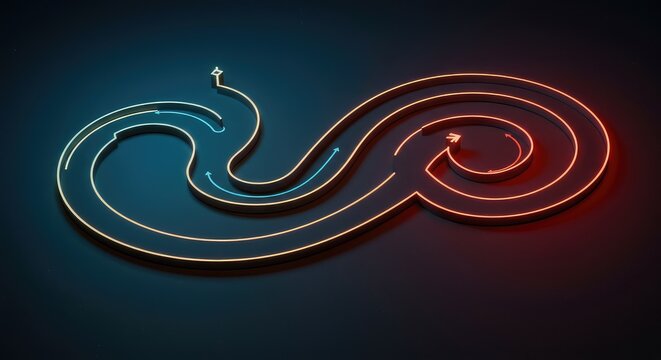 A complex, winding route showing an unpredictable future trajectory or difficult decision-making process, highlighting deviation from the expected straight line, winding, multiple, line