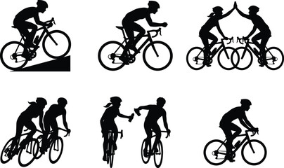 Obraz premium Cycling athletes and road bike racing black silhouette icons set for professional sports event branding