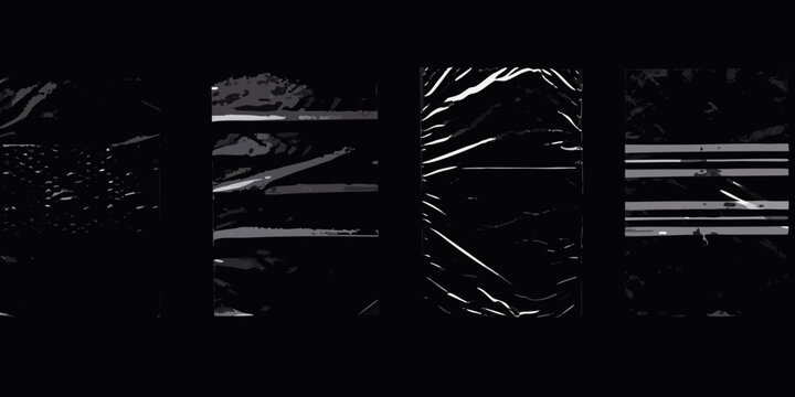 Crumpled plastic textures grayscale abstract patterns on black background
