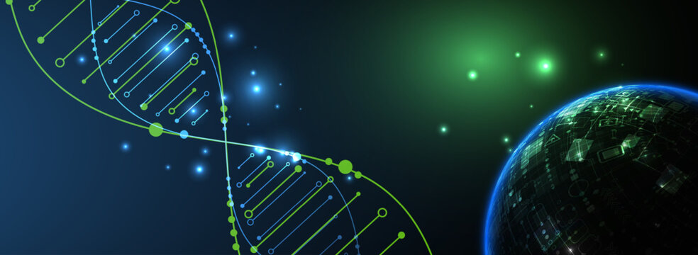 Abstract scientific background with glowing DNA double helix and futuristic bio sphere.