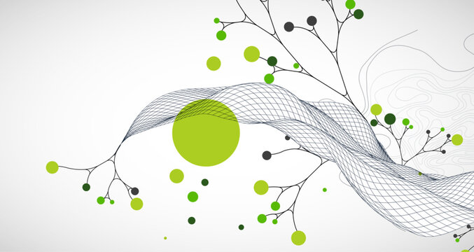 Abstract eco background with wave grid, green circles, and branching lines. Vector