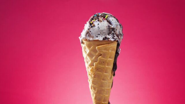 Ice cream in a waffle cone slowly rotates against a bright colored background