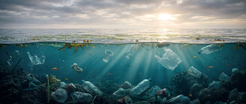 Ocean surface split view showing plastic debris floating underwater.
