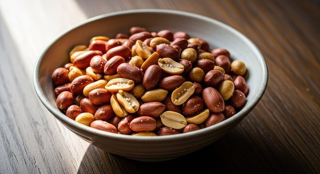 A ceramic bowl filled with roasted peanuts sits on a rustic dark wood table. Soft natural light highlights textures with selective focus, snack, earthy, crunchy