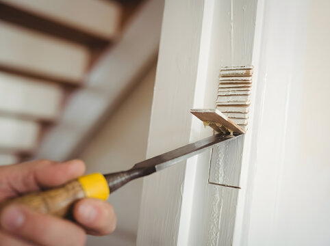 Carpenter Using Chisel to Cut Mortise for Hinge on Door Frame | Close Up of Handyman Chiseling Wood on Painted Door Jamb | Professional Joiner Adjusting Door Frame with Wood Chisel Tool
