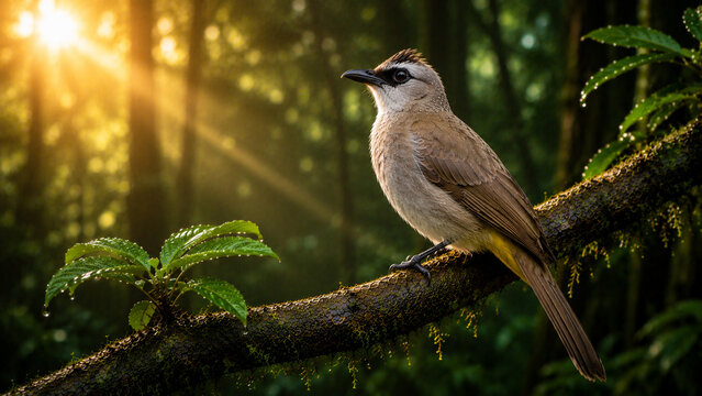 Vibrant songbird yellow vented bulbul resting on a wet mossy tree branch inside sunlit deep forest