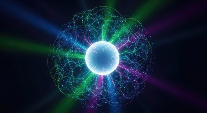 A glowing central neutron suspended within a shimmering electron haze, intertwined with dark matter filaments emitting radiant neon light, blue, quantum, universe