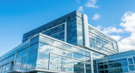 Fototapeta premium A modern hospital building features a sleek glass exterior reflecting a clear blue sky, showcasing innovative healthcare architecture today, innovation, futuristic, day