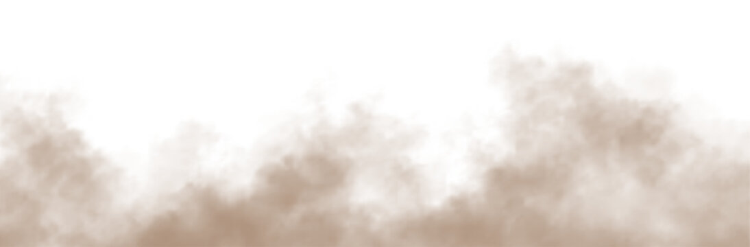 Brown dust sand soil smoke cloud particles isolated on a transparent png. Sandstorm haze explosion rising upward with natural dirt overlay effect. Perfect design elements for compositing overlays.