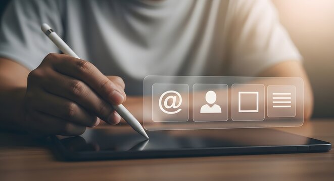 Digital contact information and communication icons on tablet screen