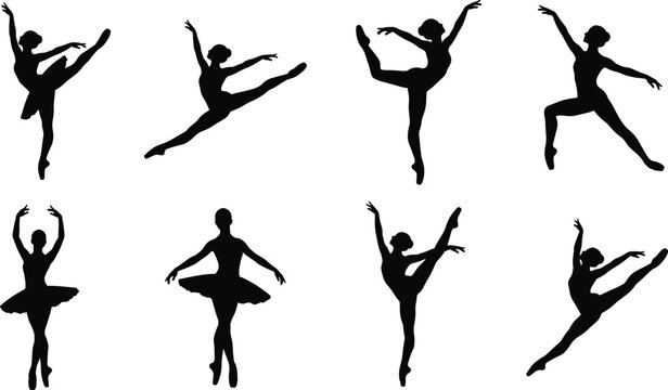 Elegant ballet dancer silhouettes and classical ballerina poses black icon set for theatrical dance school branding