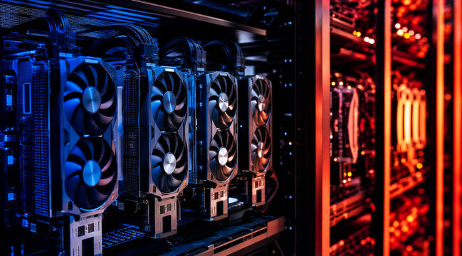 GPU graphics cards in server rack with cooling fans