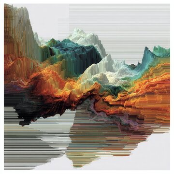 Abstract 3D pixel sorting landscape with colorful mountain ridges and glitch effect