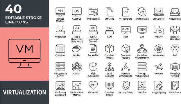Virtualization and Cloud Computing Line Icons Set