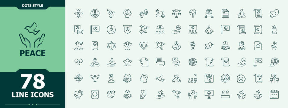 Peace line icon set. Line icons with editable stroke. Editable vector art and illustration. Minimalist Freedom vector line icon set. Related to peaceful, freedom, care, heart, faith, happy and more.