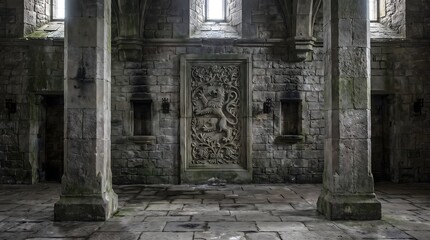 Fototapeta premium Ancient Stone Interior of a Medieval Scottish Fortress with Intricate Lion Wall Carvings