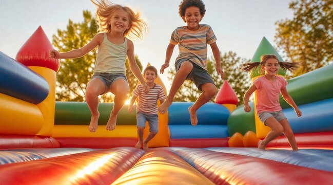 Children playing on colorful inflatable bounce house