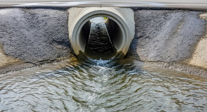 A sturdy concrete culvert pipe rests beneath a paved road, allowing a steady stream of water to flow through the drainage infrastructure, gravel, construction, infrastructure
