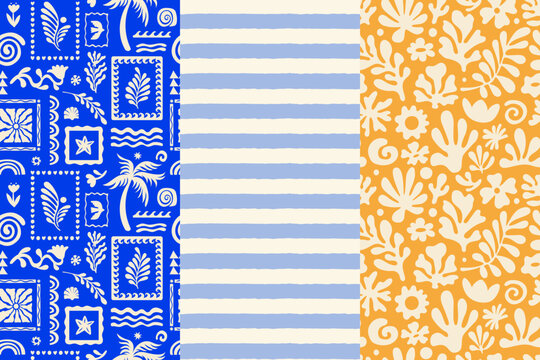 Vector hand drawn seamless patterns, graphics with silhouette summer and vacation illustrations, print design templates, tropical illustrations, frames and borders in simple trendy naive cut out style
