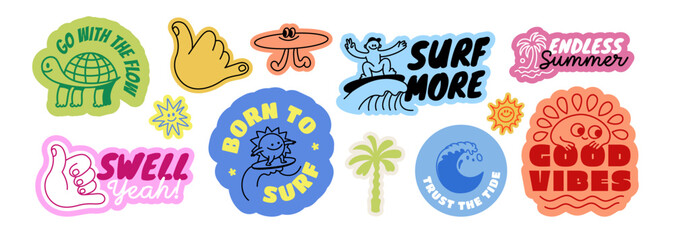Naklejka premium Vector Surf Doodle Icons and Stickers, Phrases, Mascots, Ocean Vibes, Prints and posters for surf class, t-shirts