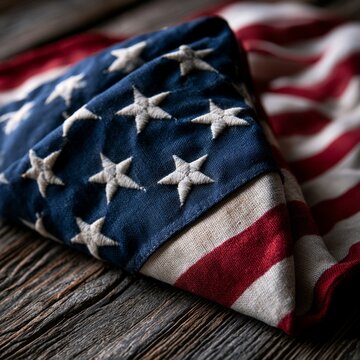 Folded American Flag on Rustic Wooden Table