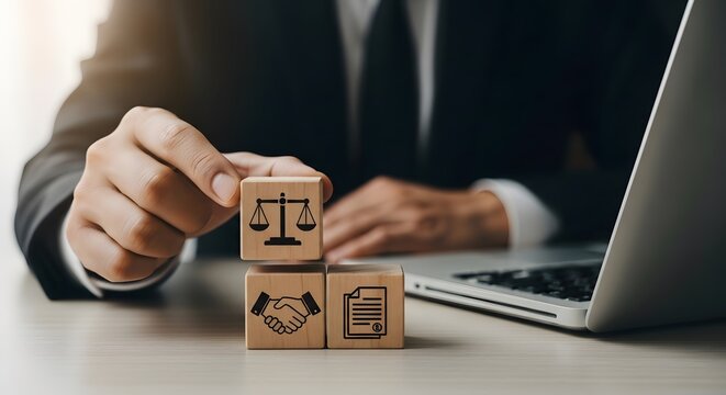 Legal concept with scales of justice handshake and contract on wooden blocks