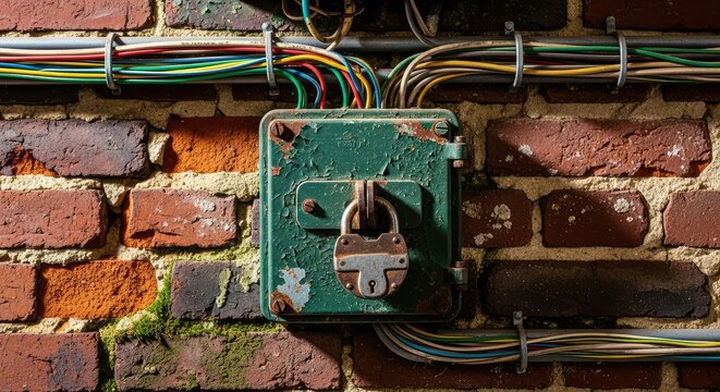 An aged industrial fusebox mounted on a weathered brick wall features a heavy iron padlock securing its metallic hatch amidst tangled wires, rust, hatch, hardware