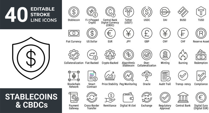 40 Stablecoins,  and Digital Currency Line Icons Vector Illustration