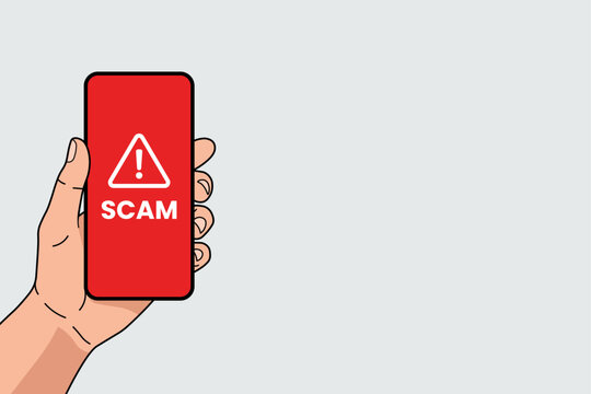 Flat vector illustration of a hand holding smartphone with red scam warning sign on screen, copy space background