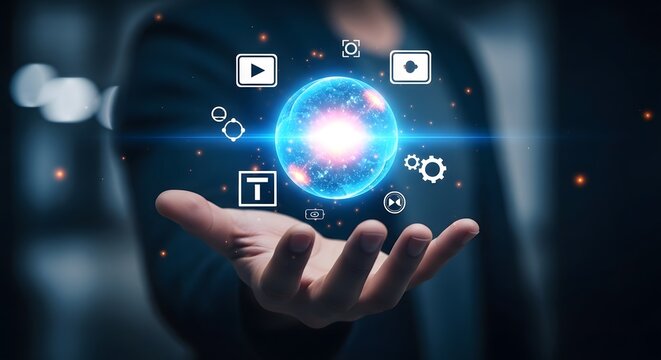 Digital transformation concept hand holding a glowing orb with tech icons