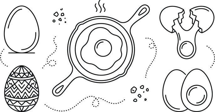 Cooking eggs and breakfast line art vector icons set featuring fried egg skillet skillet boiled cracked and Easter egg