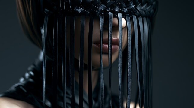 Prompt: An avant-garde conceptual fashion shot. A model's face is obscured by a structural fringe mask made of thin strips of matte black leather woven together, hanging down over her collarbone 