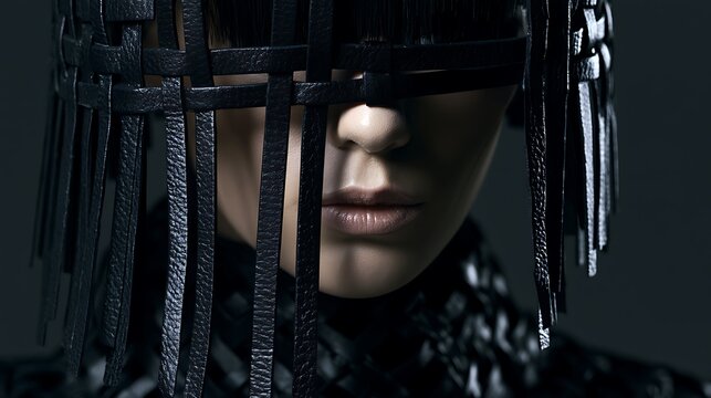 Prompt: An avant-garde conceptual fashion shot. A model's face is obscured by a structural fringe mask made of thin strips of matte black leather woven together, hanging down over her collarbone 