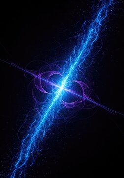 Abstract blue and purple energy flow suggesting subatomic vibrations and complex mathematical timing, dark deep space science background visual, Quantum, graphic, physics