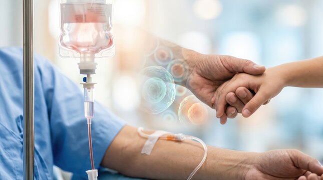 Child patient receiving intravenous chemotherapy treatment in oncology clinic. Medical professional holding sick kid hand during infusion. Innovative cancer therapy and biological cells.