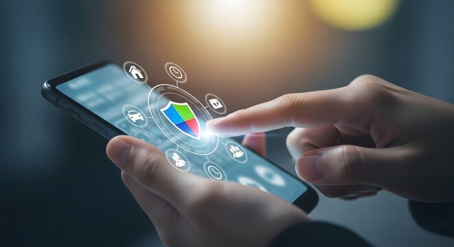 Mobile security concept finger touching shield icon on smartphone screen