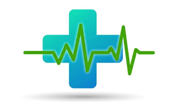A high-quality 2D vector animation featuring a blue-to-green gradient medical cross icon isolated on a white background. A vibrant green ECG heartbeat waveform pulses dynamically across the center, fo