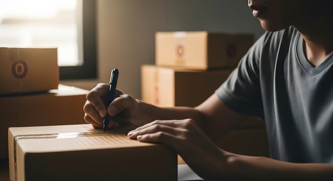 Small business owner preparing packages for shipment in a home office